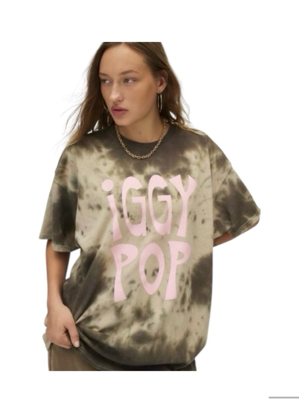 Oversized Iggy Pop Graphic Tee in Light yellow/ cream and Brown Tie-Dye